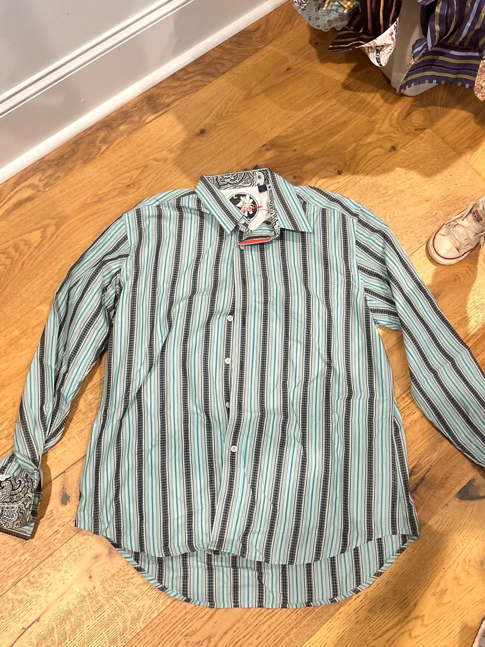 VINTAGE Robert Graham Mint and Black Striped Button-Down Shirt